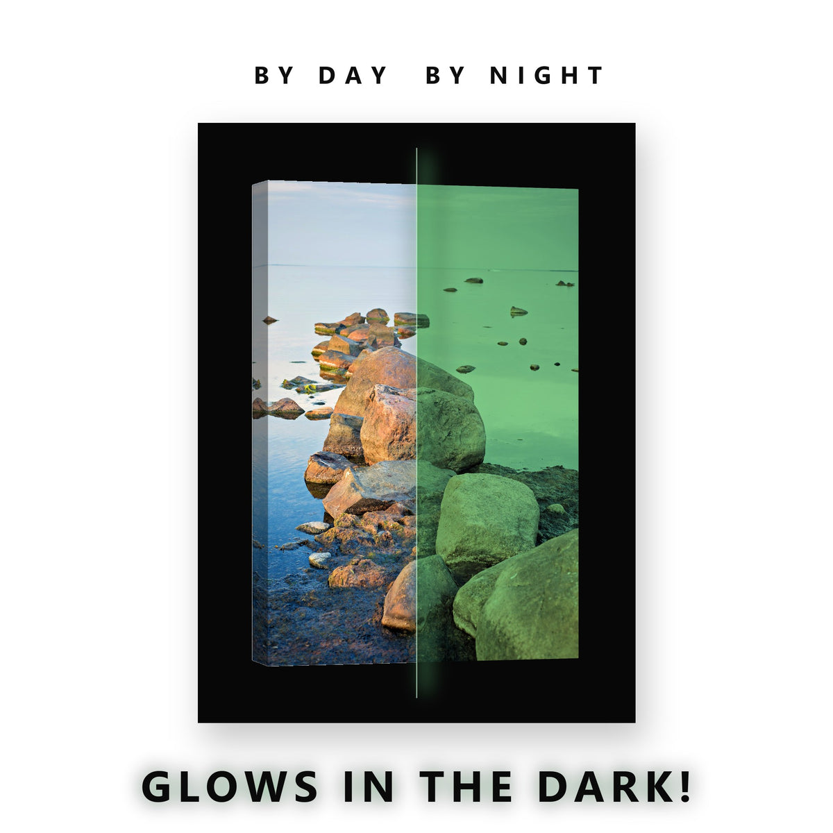 Calm Shoreline Sunset Rocks Glow in the Dark Canvas Wall Art for Bedroom, glowing at night
