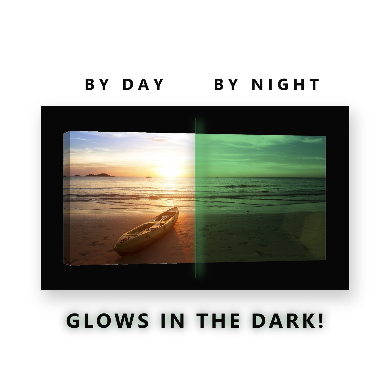 Kayak on Sunset Beach Glow in the Dark Canvas Wall Art for Boys Bedroom, glowing at night