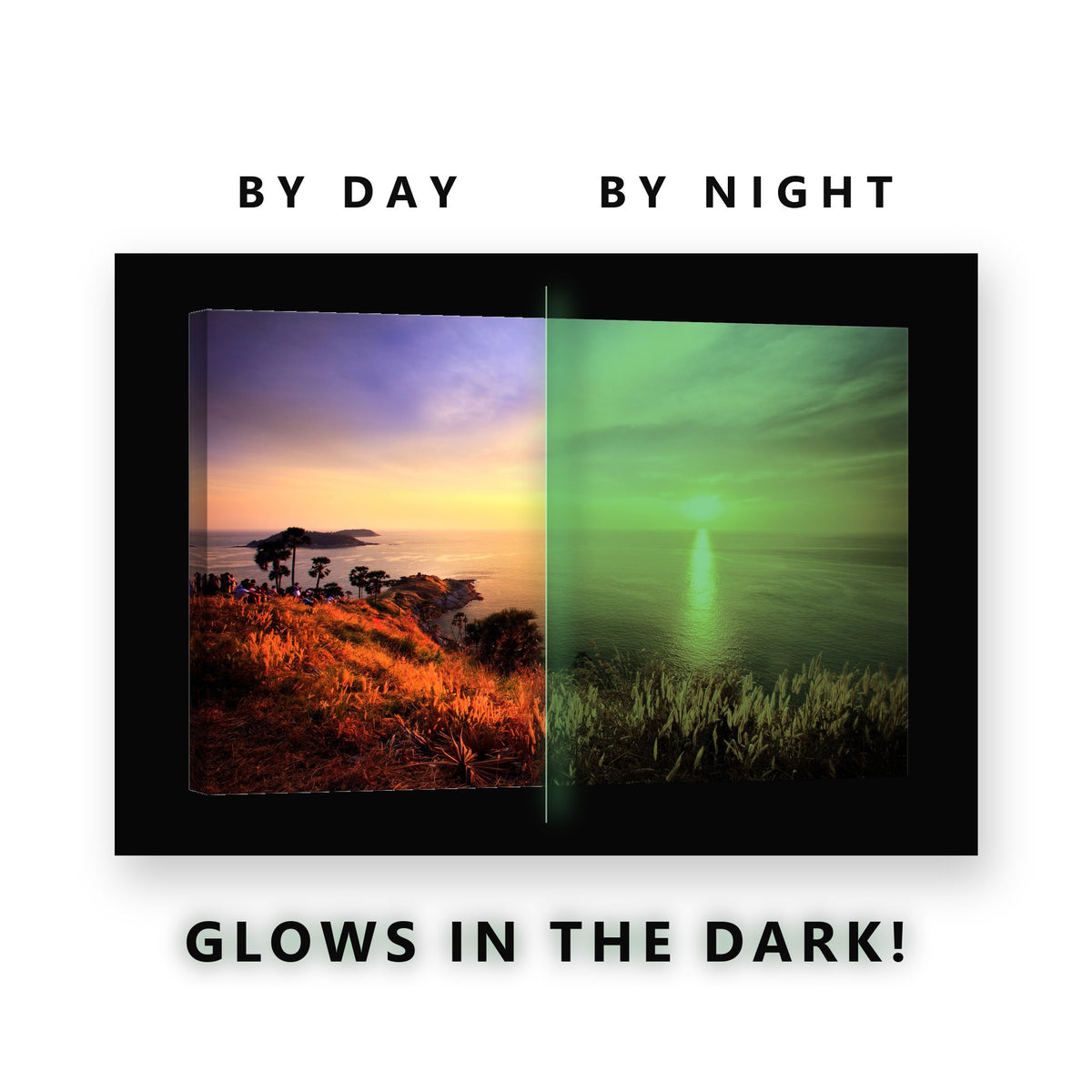 Tropical Cliff Sunset View Glow in the Dark Canvas Wall Art for Living Room, glowing at night