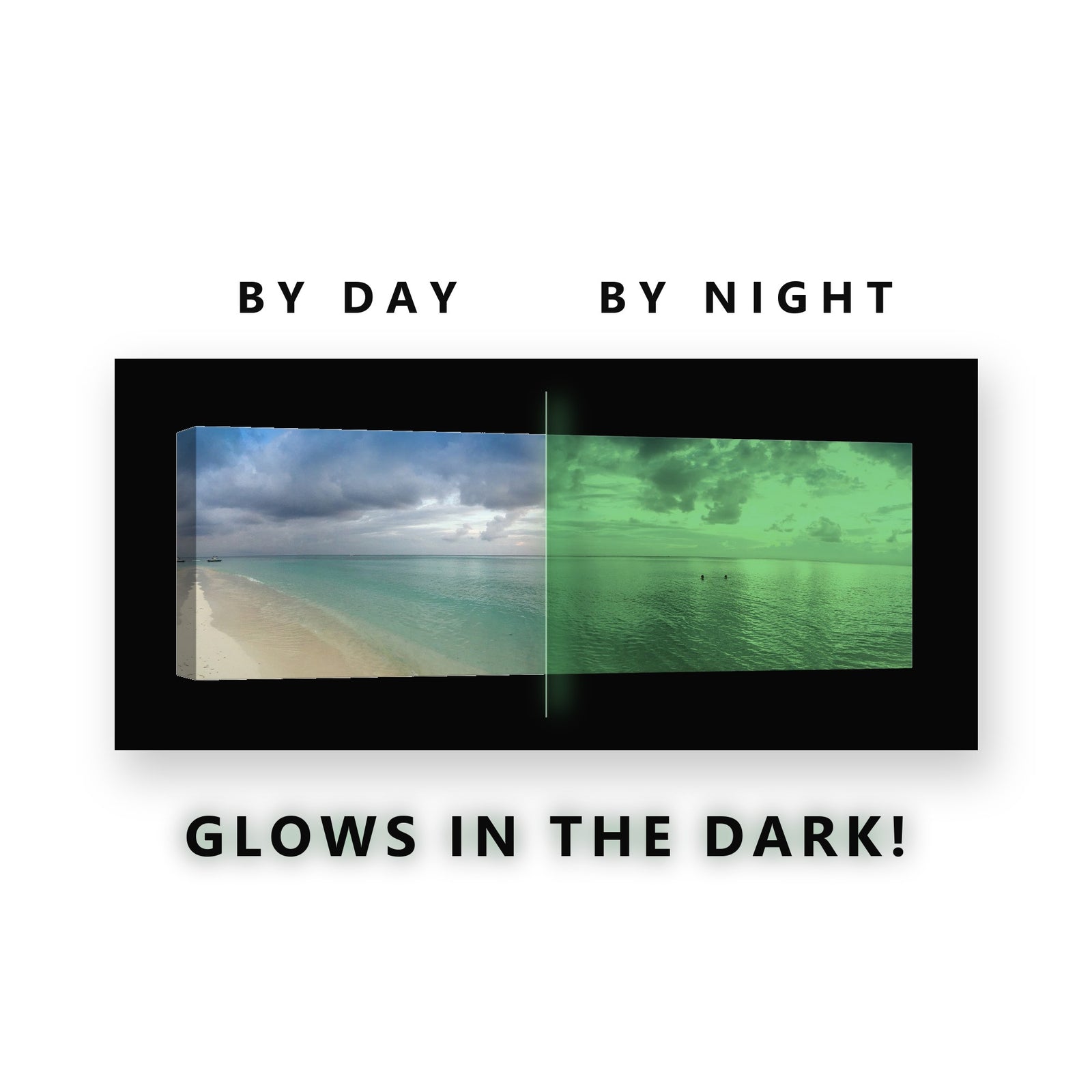 Turquoise Beach Panorama Glow in the Dark Canvas Wall Art for Bedroom, glowing at night