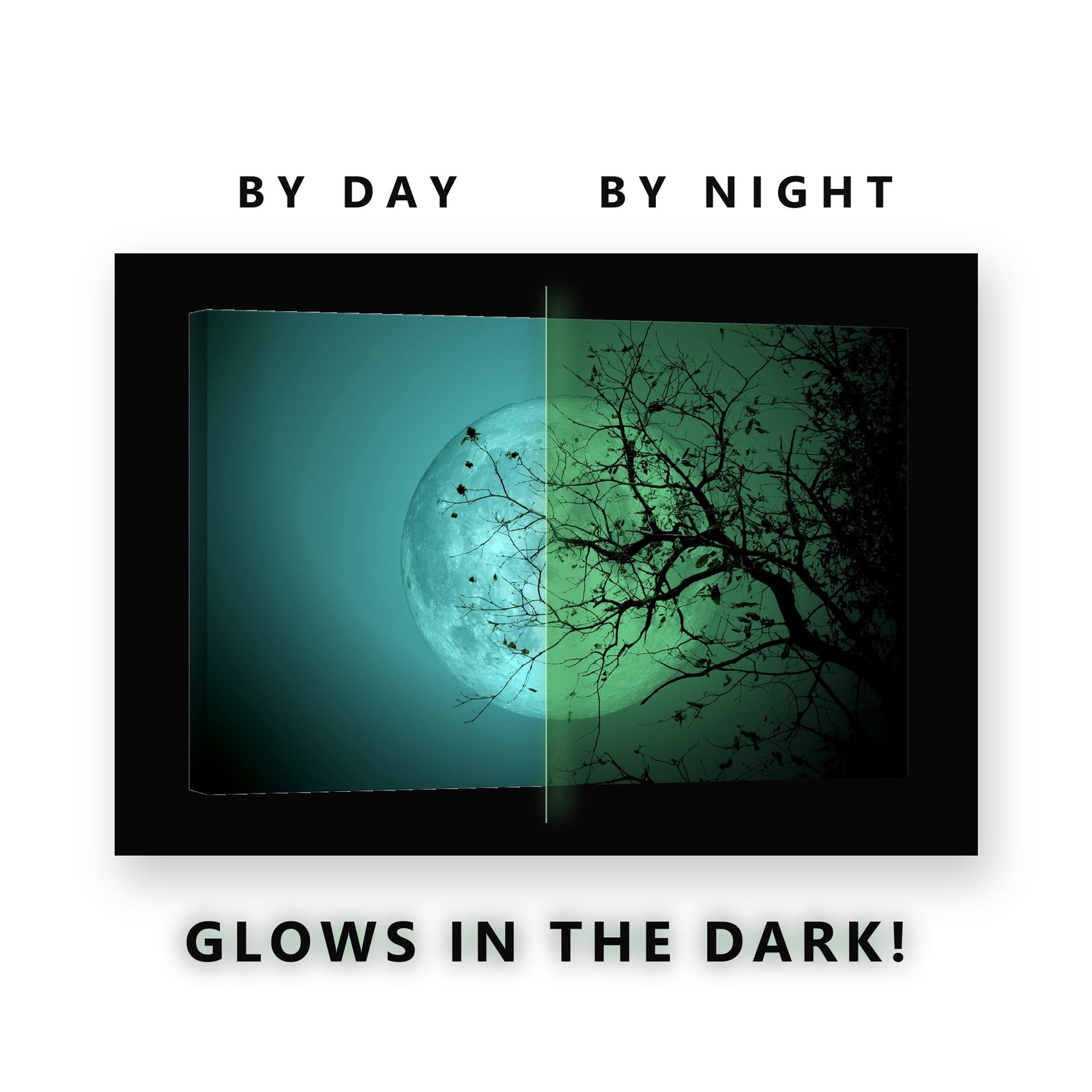 Teal Moon Behind Bare Branches Glow in the Dark Canvas Wall Art for Bedroom, glowing at night