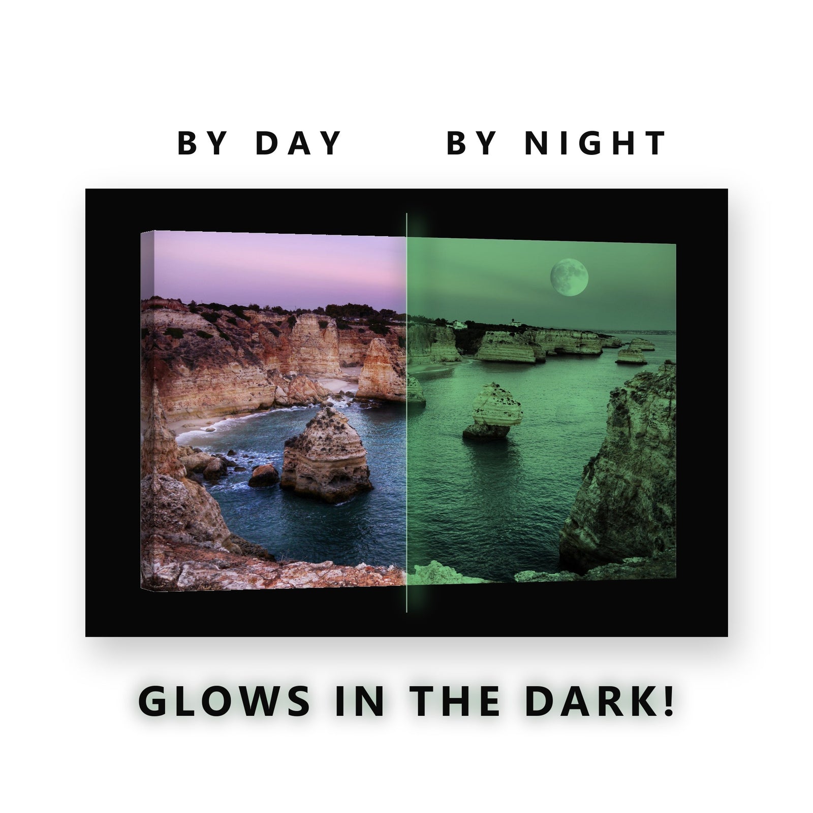 Full Moon Over Sea Stacks Glow in the Dark Canvas Wall Art for Living Room, glowing at night