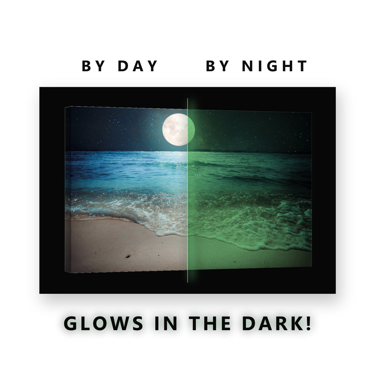 Moon Over Calm Ocean Shore Glow in the Dark Canvas Wall Art for Bedroom, glowing at night