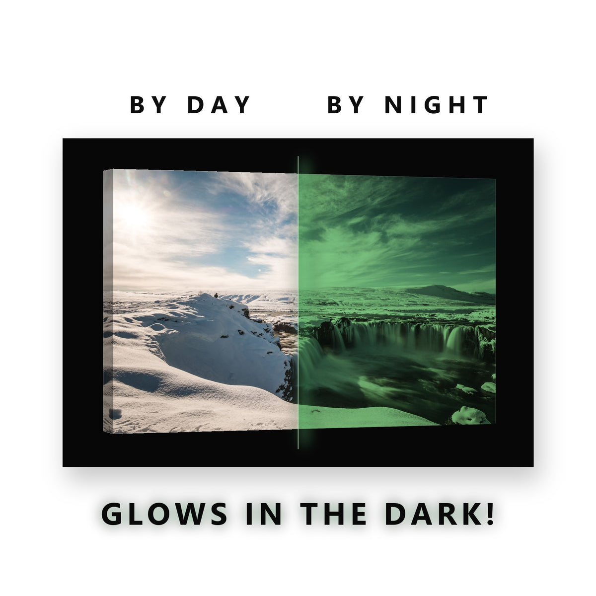 Snowy Waterfall Canyon Glow in the Dark Canvas Wall Art for Living Room, glowing at night