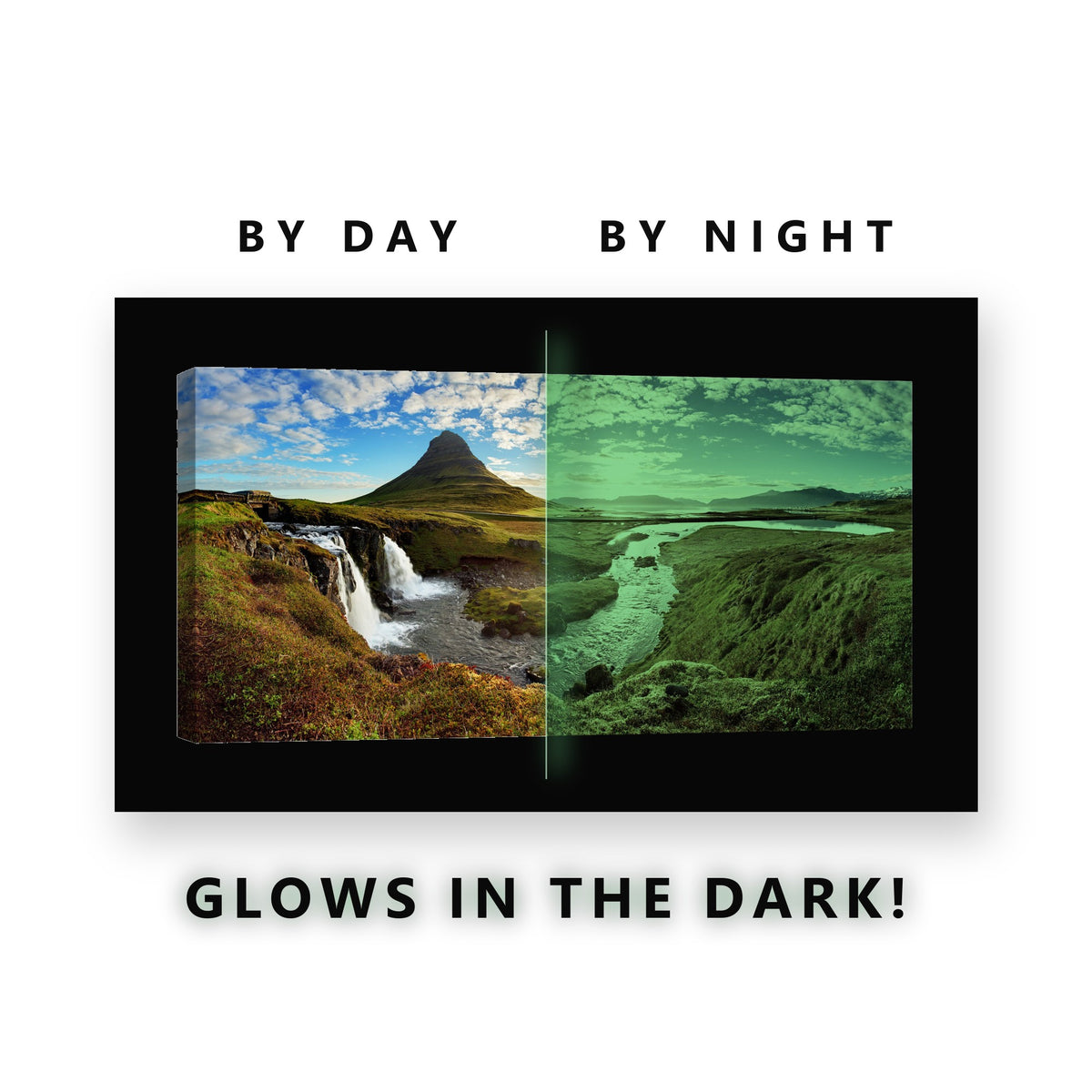 Iceland Waterfall Mountain Glow in the Dark Canvas Wall Art for Living Room, glowing at night