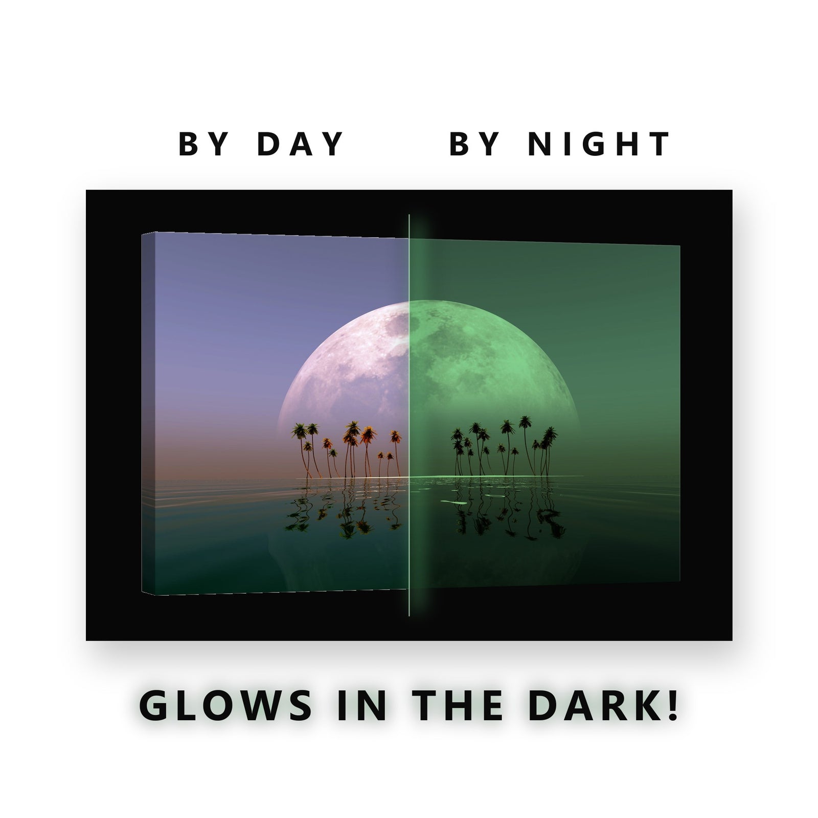 Giant Moon Over Palm Trees Glow in the Dark Canvas Wall Art for Bedroom, glowing at night