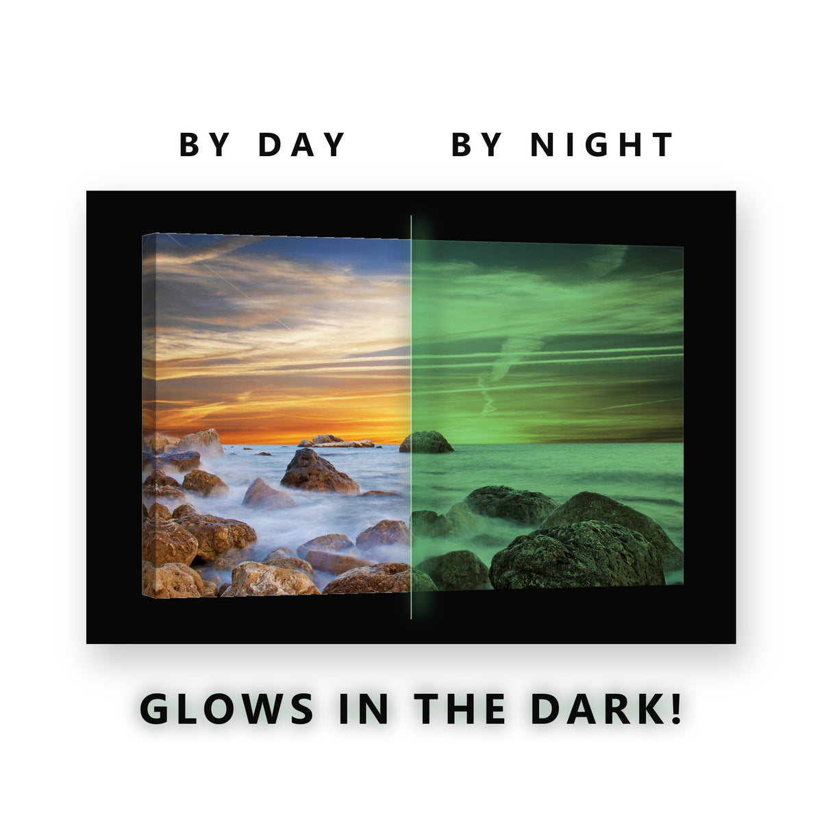 Golden Sunset Ocean Horizon Glow in the Dark Canvas Wall Art for Living Room, glowing at night