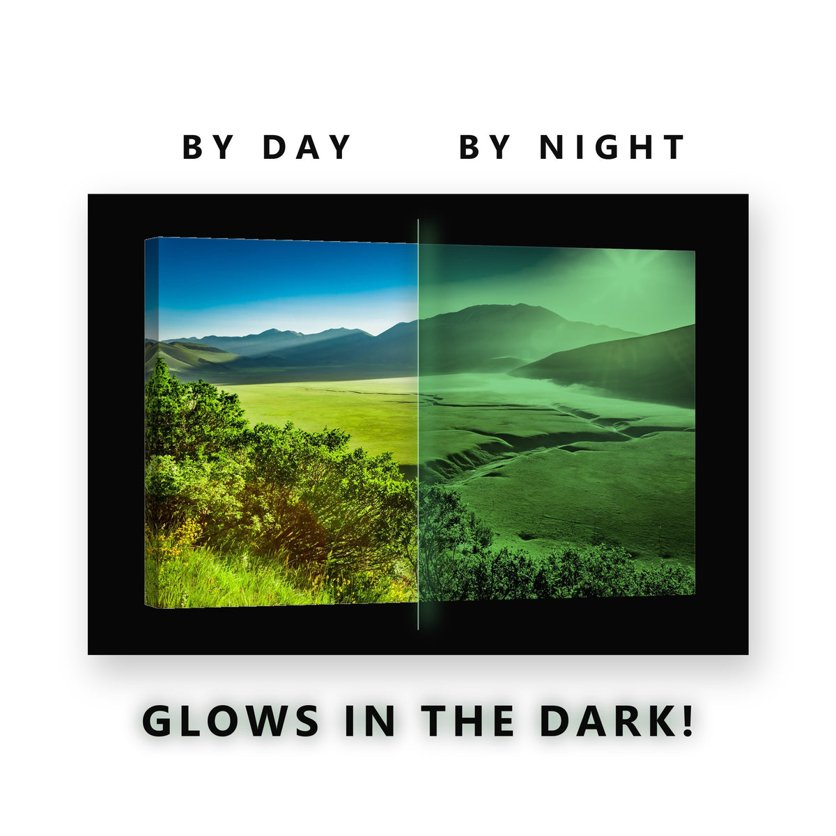 Sunlit Green Valley Mountains Glow in the Dark Canvas Wall Art for Living Room, glowing at night