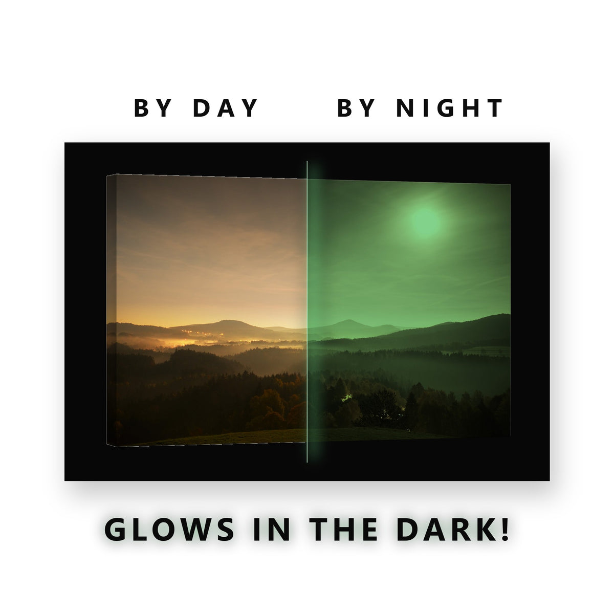 Foggy Hills Village Lights Glow in the Dark Canvas Wall Art for Living Room, glowing at night