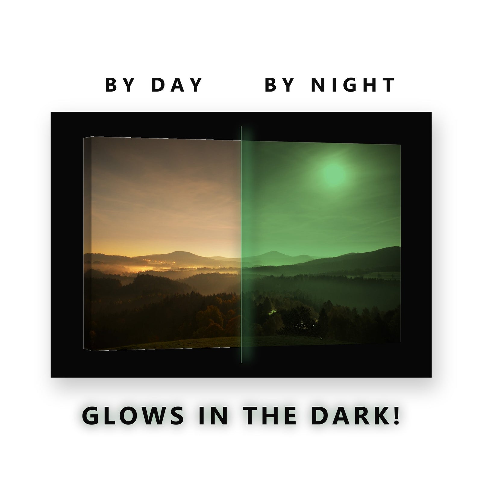 Foggy Hills Village Lights Glow in the Dark Canvas Wall Art for Living Room, glowing at night
