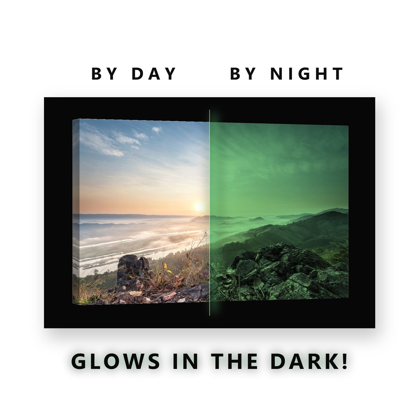 Misty River Valley Sunrise Glow in the Dark Canvas Wall Art for Living Room, glowing at night