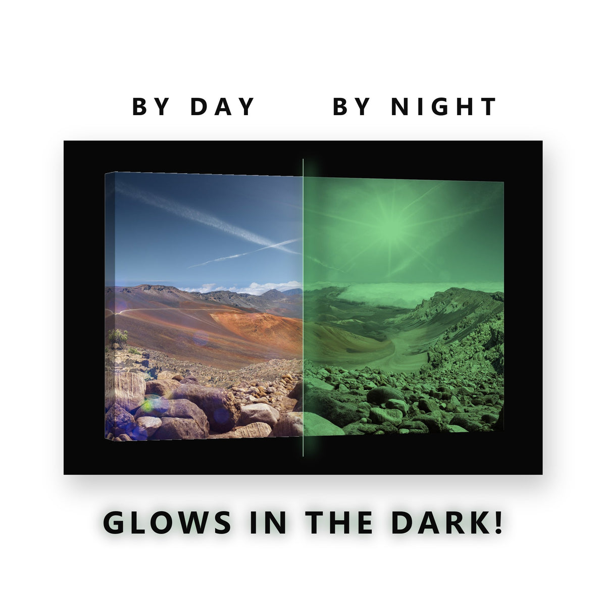 Volcanic Crater Landscape Glow in the Dark Canvas Wall Art for Office, glowing at night