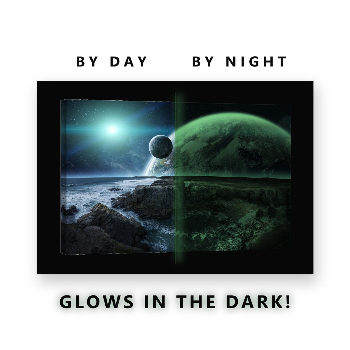 Planets Over Rocky Coast Glow in the Dark Canvas Wall Art for Boys Bedroom, glowing at night