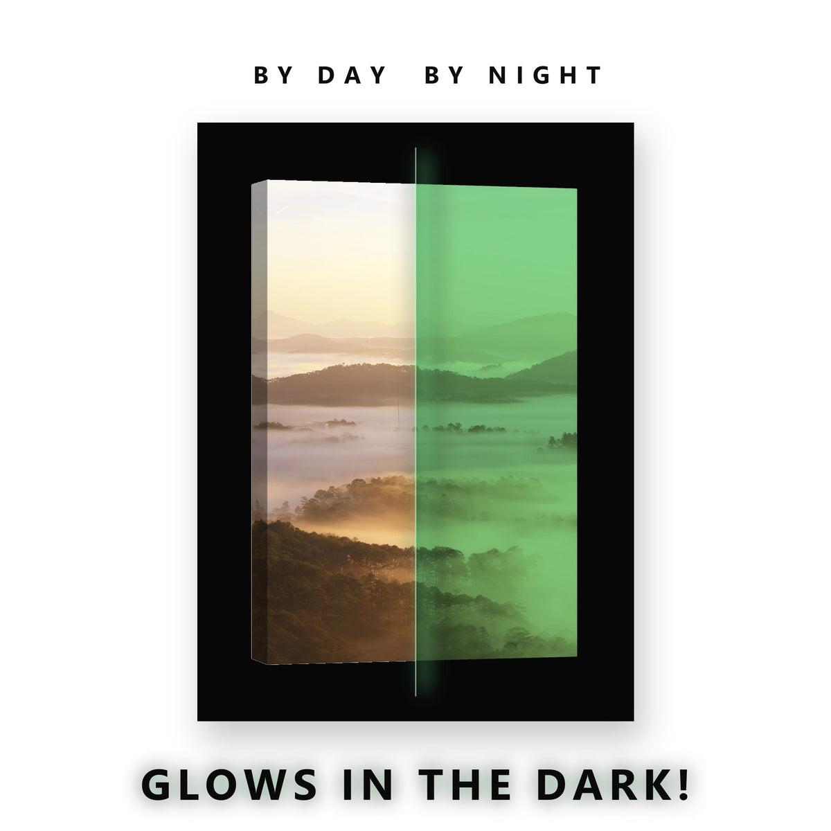 Golden Fog Forest Hills Glow in the Dark Canvas Wall Art for Living Room, glowing at night
