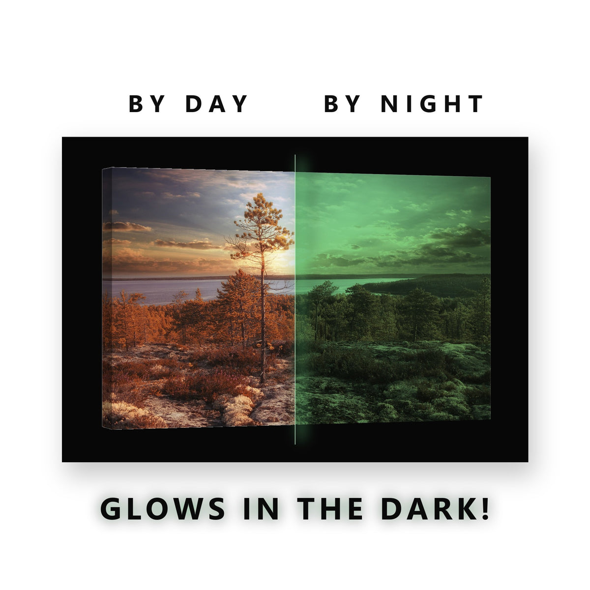 Lone Pine Autumn Lake Overlook Glow in the Dark Canvas Wall Art for Living Room, glowing at night