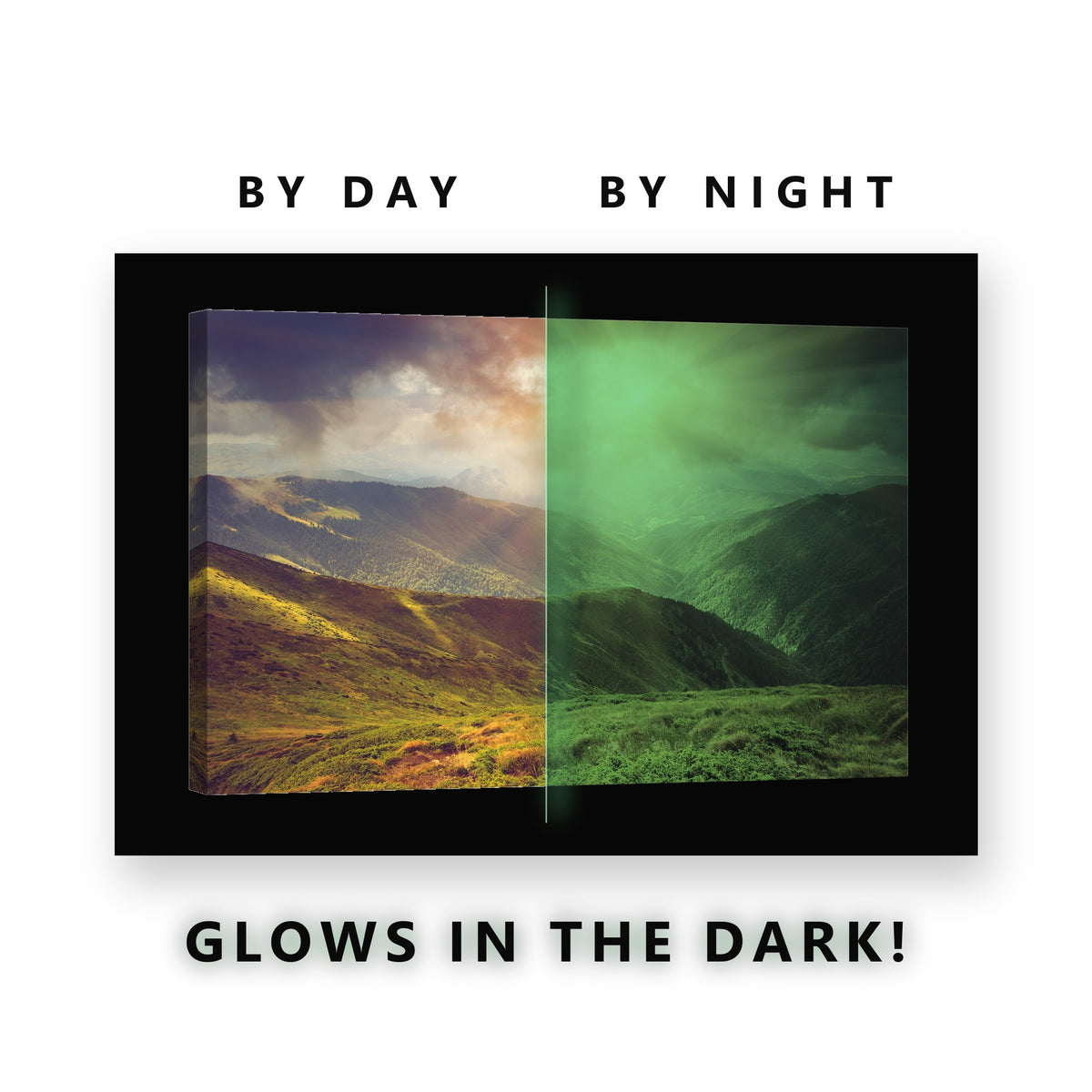 Sun Rays Green Mountain Ridges Glow in the Dark Canvas Wall Art for Living Room, glowing at night