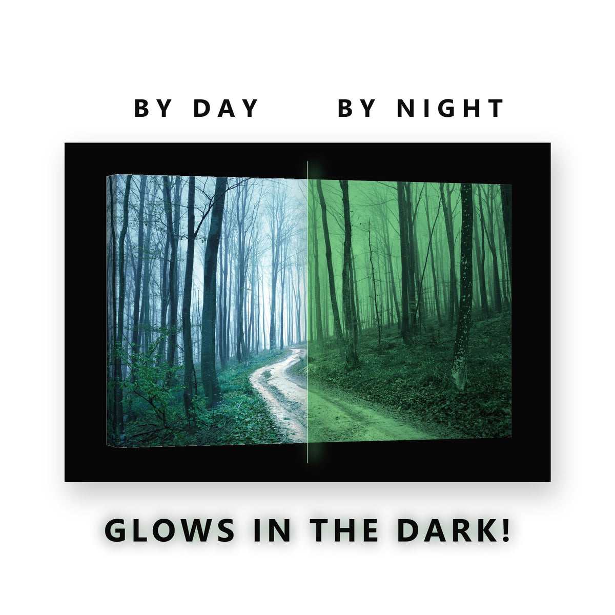 Misty Forest Path Glow in the Dark Canvas Wall Art for Living Room, glowing at night