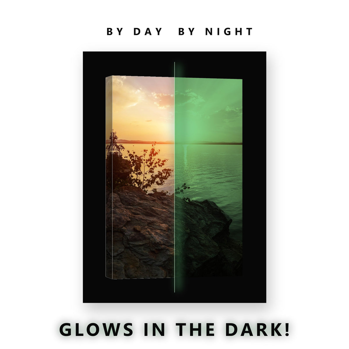 Sunset Lake Cliff Edge Glow in the Dark Canvas Wall Art for Bedroom, glowing at night