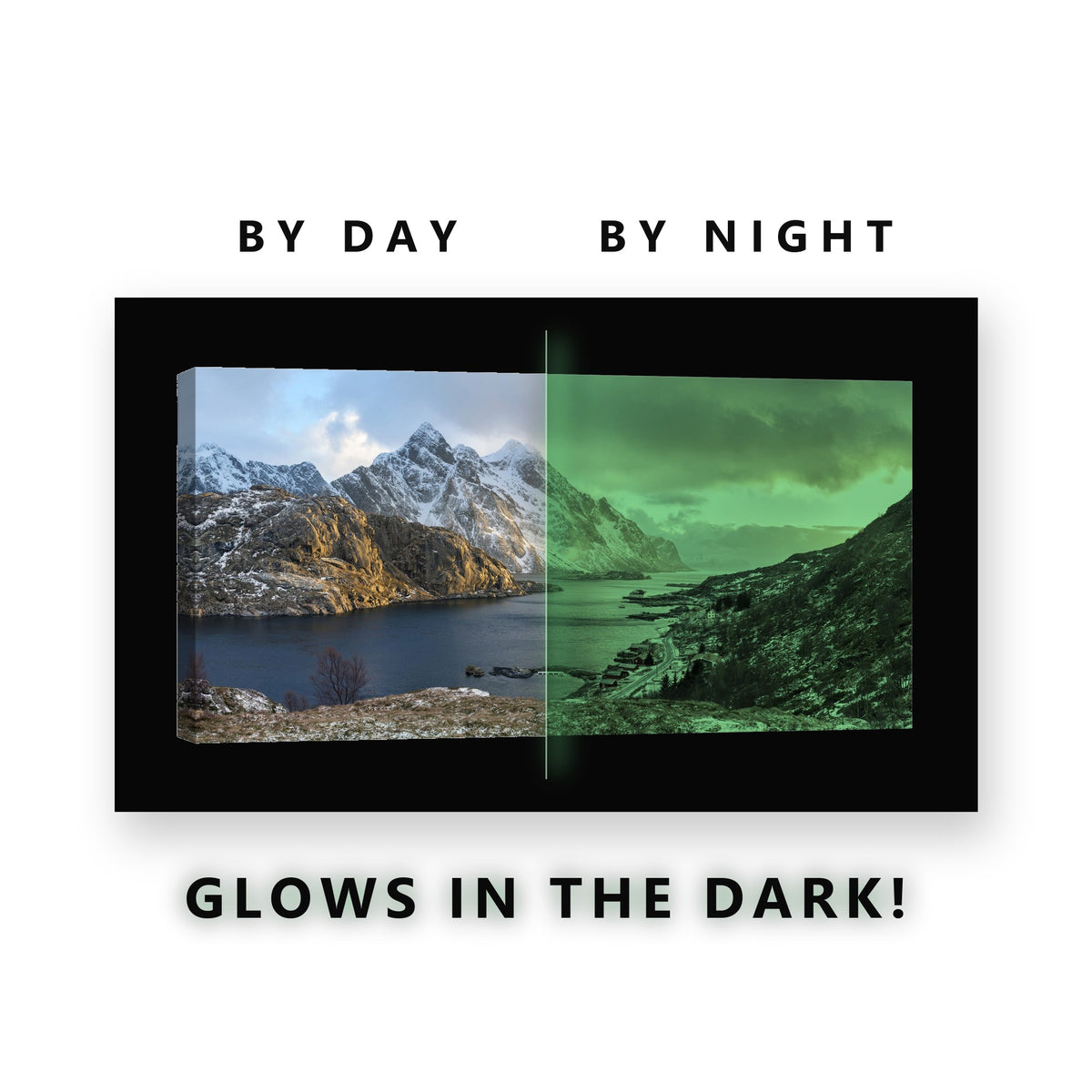 Snowy Fjord Village Sunset Glow in the Dark Canvas Wall Art for Living Room, glowing at night