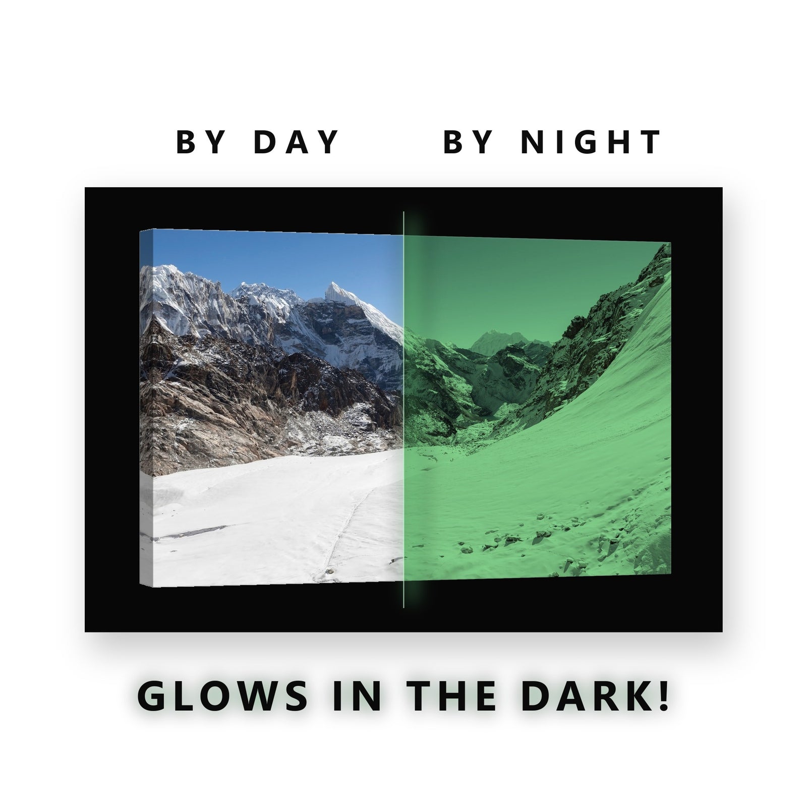 Snowy Mountain Valley Peaks Glow in the Dark Canvas Wall Art for Office, glowing at night
