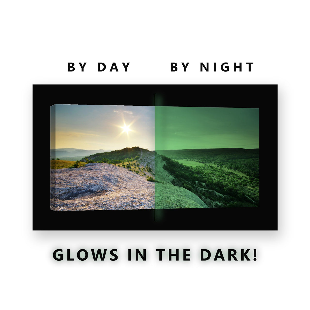 Sunlit Hilltop Trail Valley Glow in the Dark Canvas Wall Art for Living Room, glowing at night