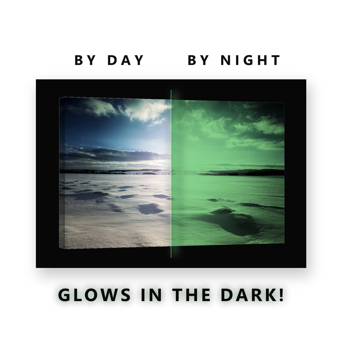 Snowy Winter Field Footprints Glow in the Dark Canvas Wall Art for Bedroom, glowing at night
