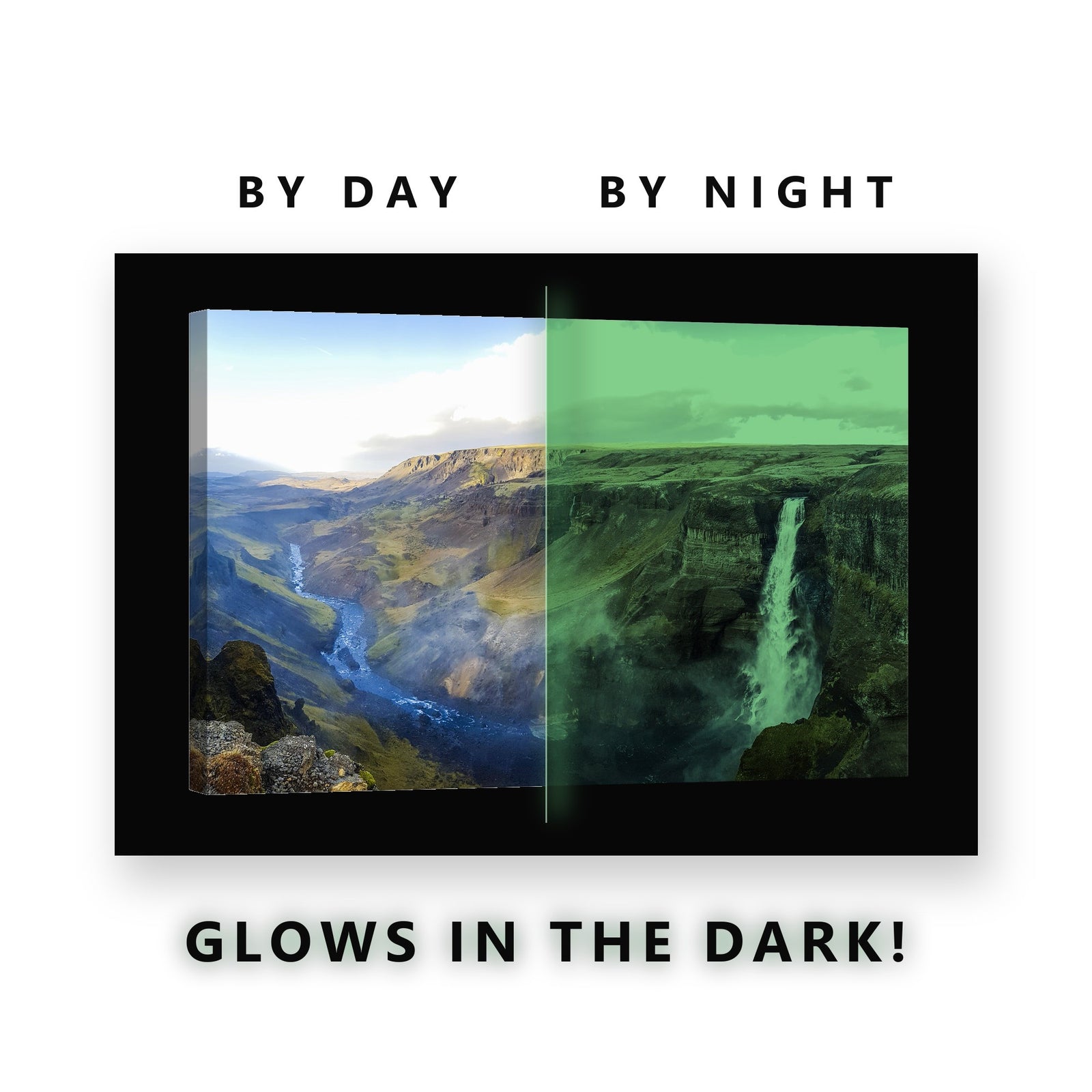 Wide Canyon Waterfall Glow in the Dark Canvas Wall Art for Living Room, glowing at night