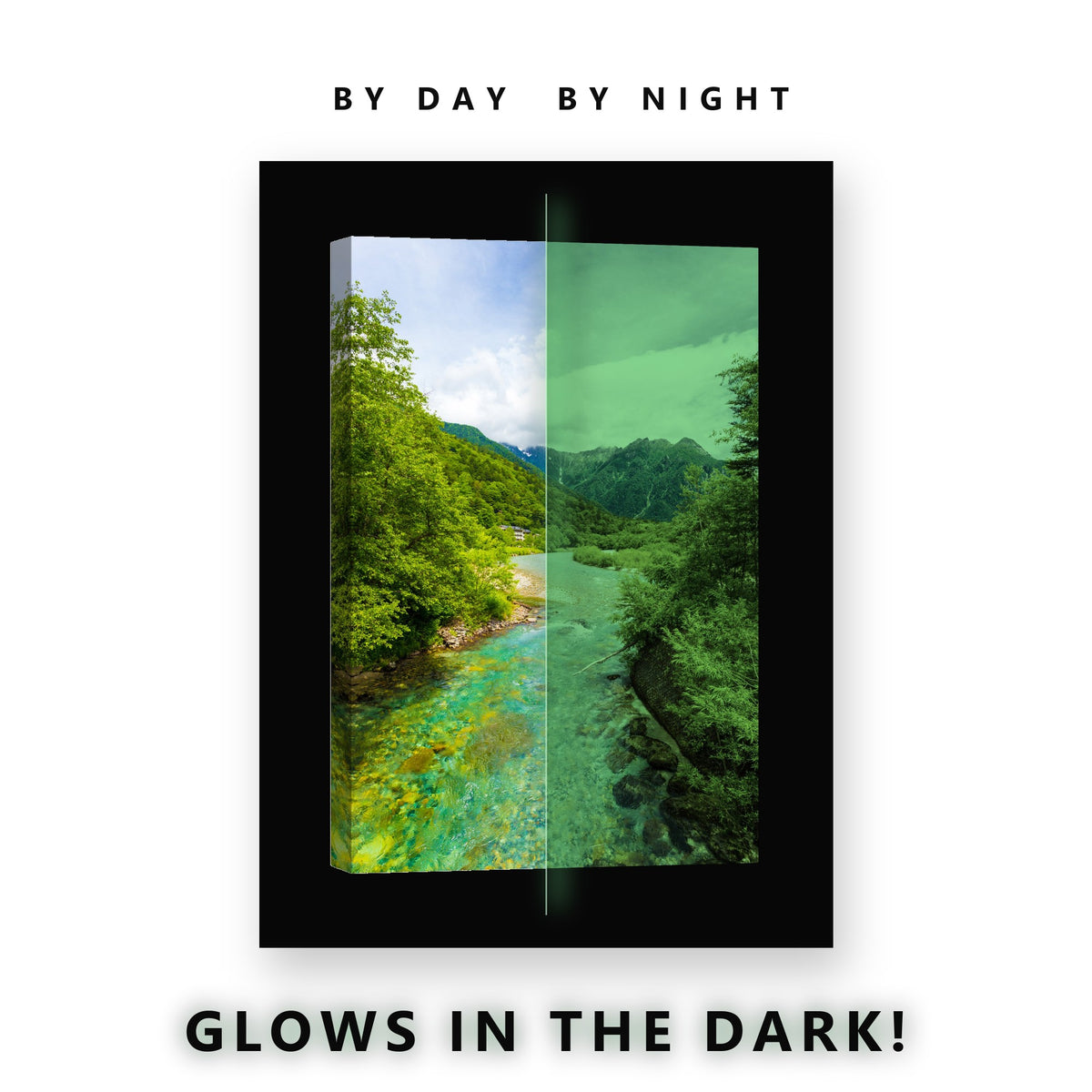 Turquoise Mountain River Valley Glow in the Dark Canvas Wall Art for Living Room, glowing at night