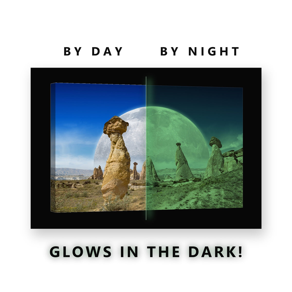 Giant Moon Over Desert Hoodoos Glow in the Dark Canvas Wall Art for Boys Bedroom, glowing at night
