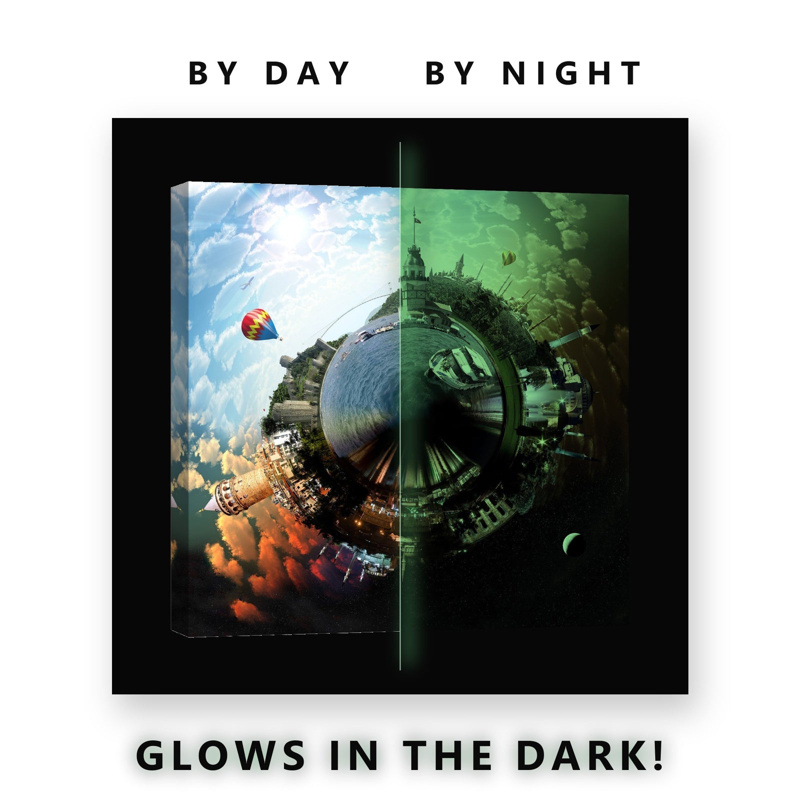 Little Planet Coastal Town Glow in the Dark Canvas Wall Art for Office, glowing at night