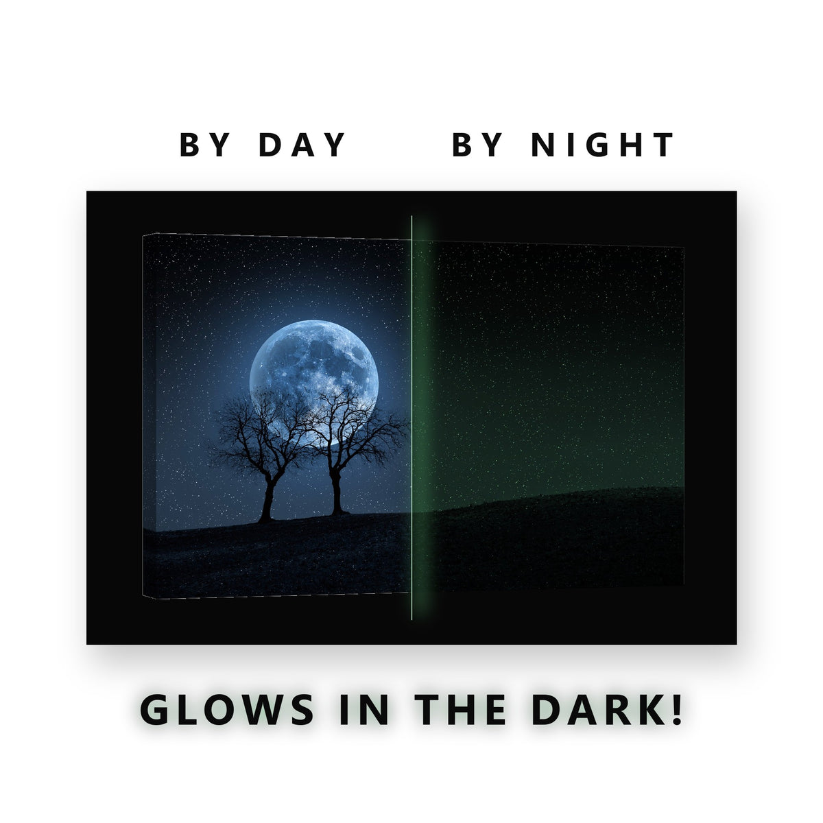 Full Moon Behind Two Trees Glow in the Dark Canvas Wall Art for Bedroom, glowing at night