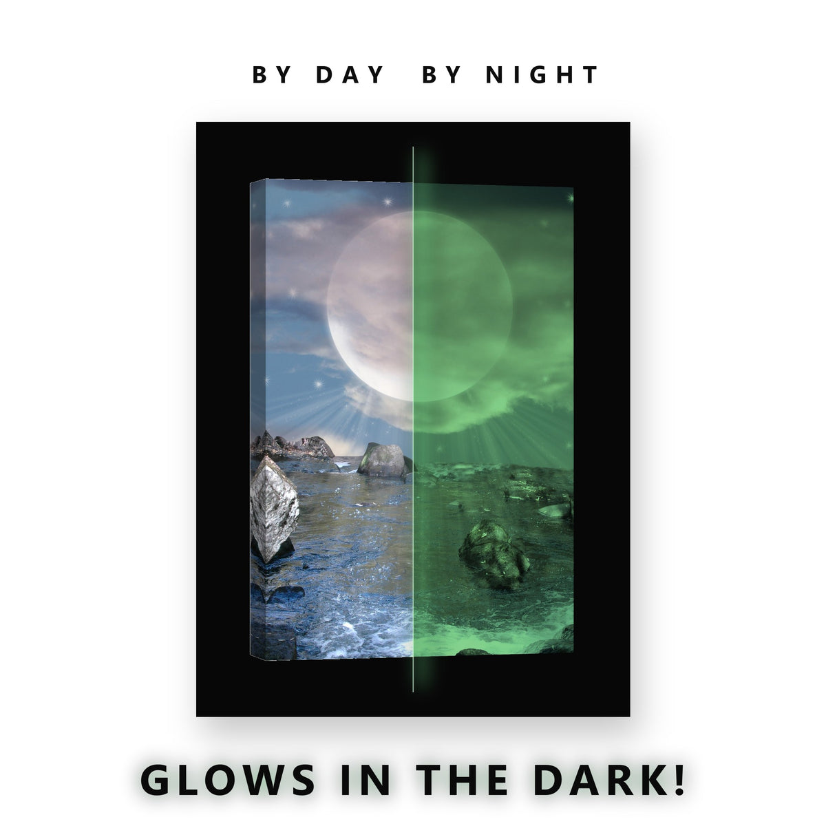 Glowing Moon Rocky Shoreline Glow in the Dark Canvas Wall Art for Bedroom, glowing at night