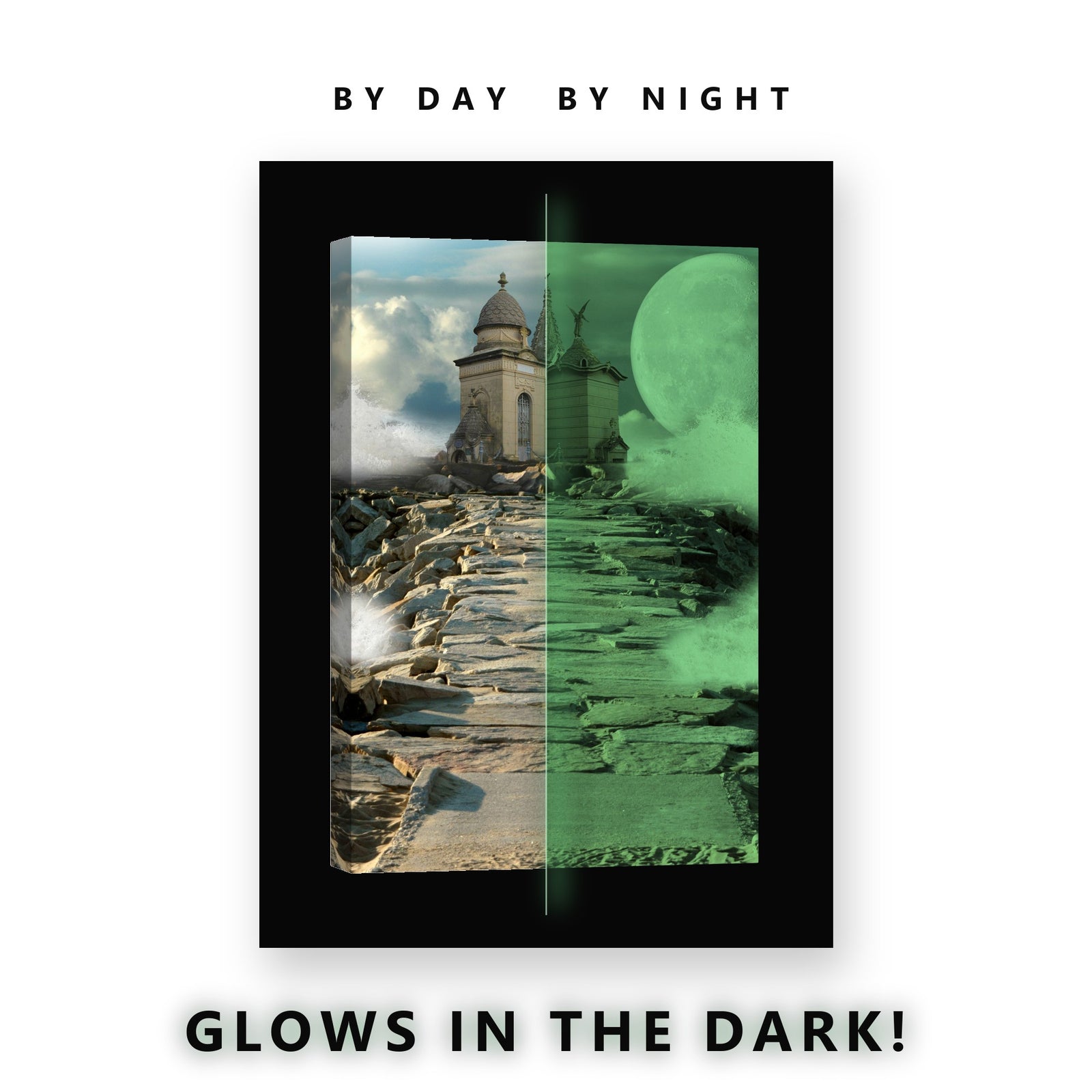 Castle Jetty Giant Moon Glow in the Dark Canvas Wall Art for Boys Bedroom, glowing at night