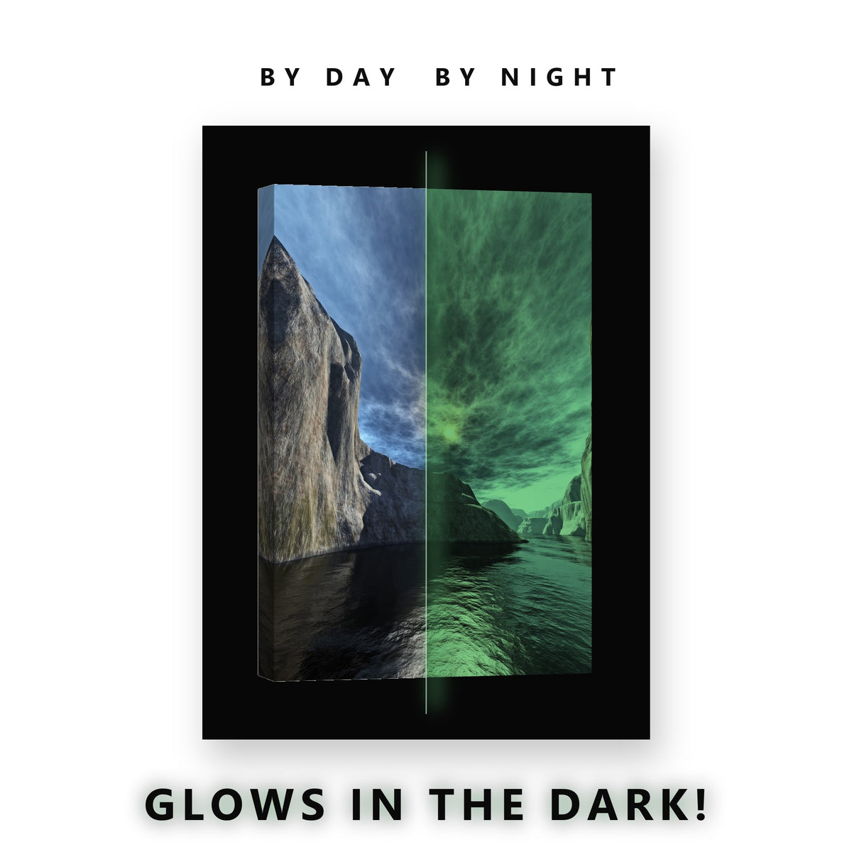Sun Between Rock Cliffs Glow in the Dark Canvas Wall Art for Living Room, glowing at night