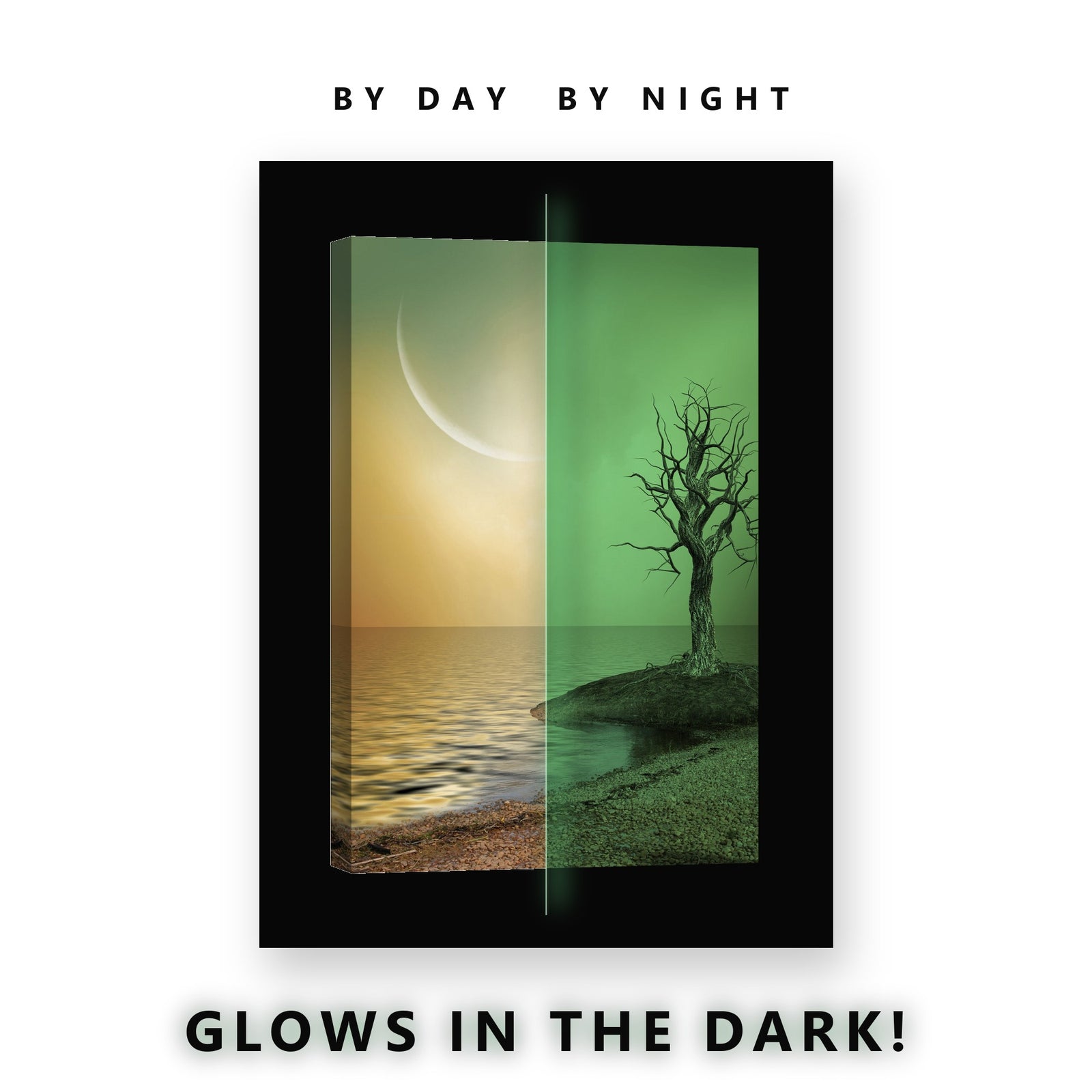 Crescent Moon Dead Tree Glow in the Dark Canvas Wall Art for Bedroom, glowing at night