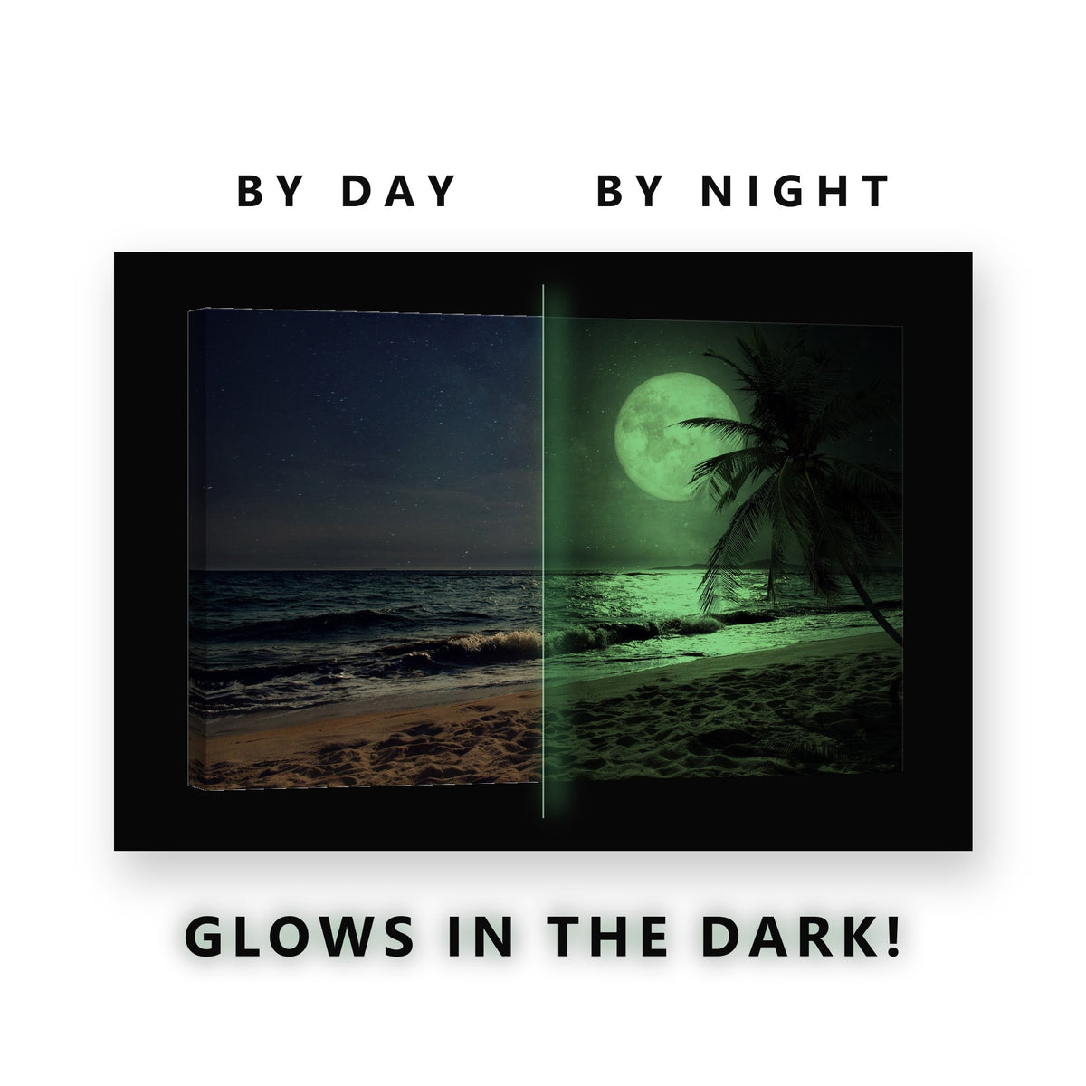 Full Moon Palm Tree Beach Glow in the Dark Canvas Wall Art for Bedroom, glowing at night