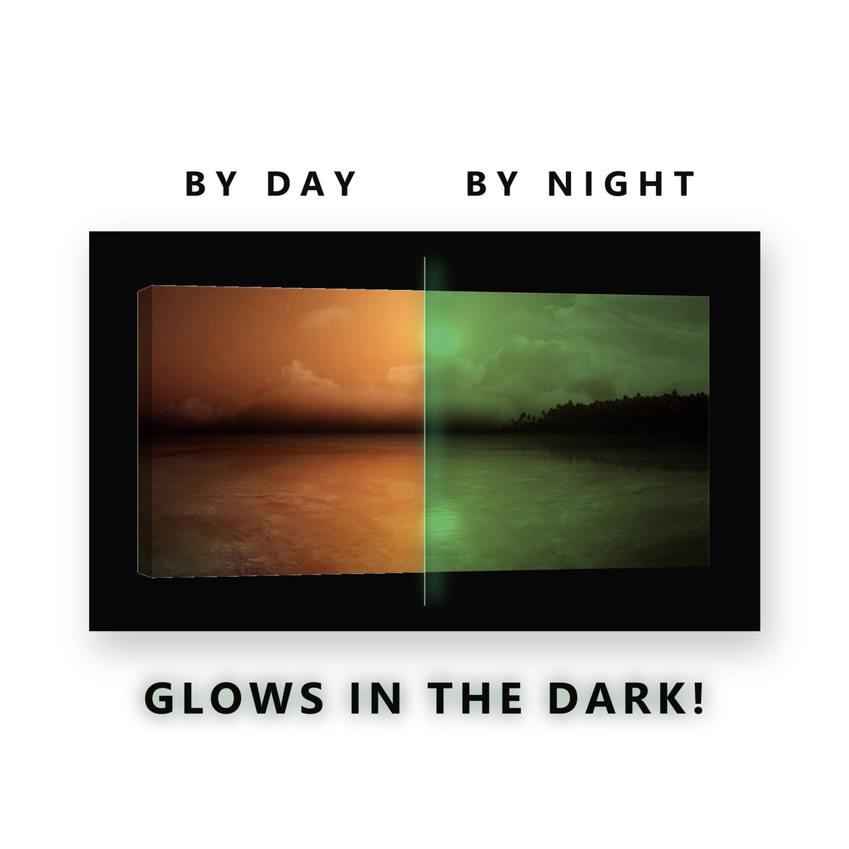 Golden Lagoon Sunset Palms Glow in the Dark Canvas Wall Art for Living Room, glowing at night
