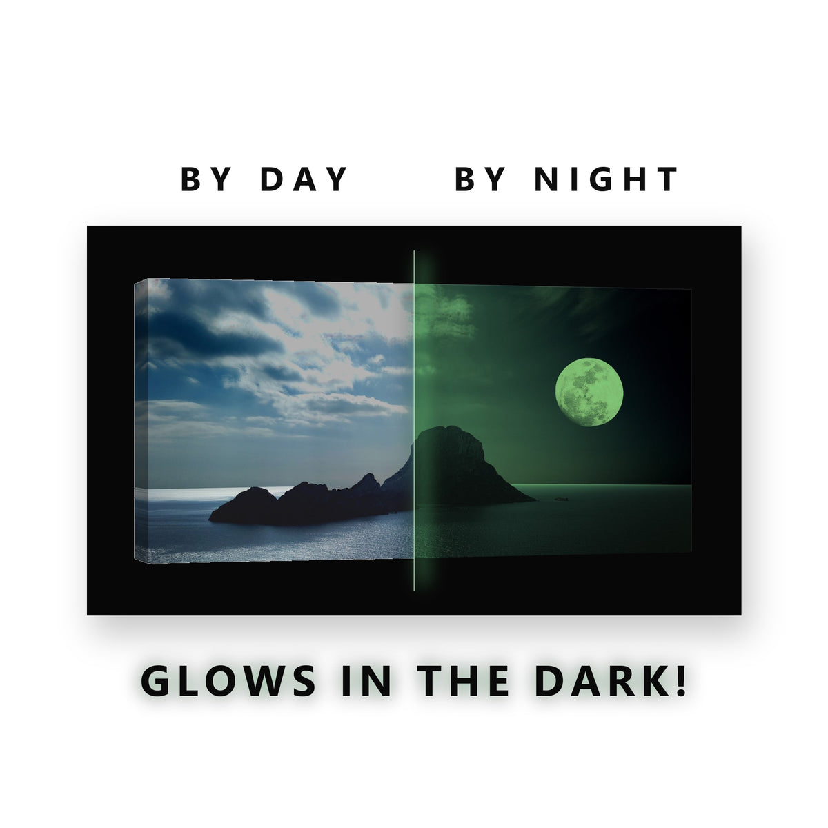 Full Moon Over Twin Islets Glow in the Dark Canvas Wall Art for Living Room, glowing at night