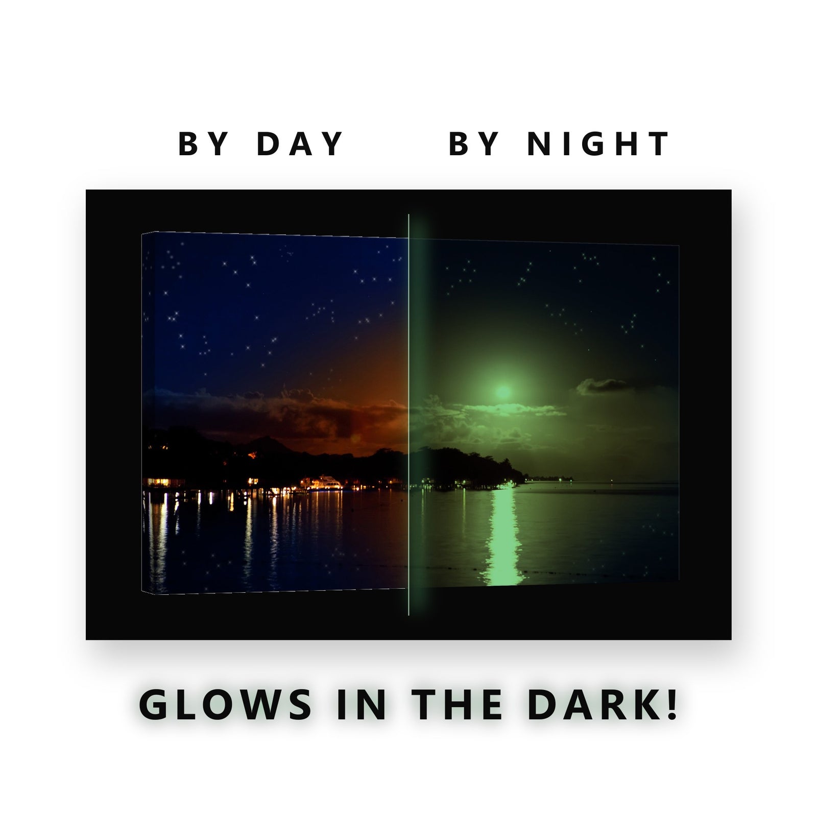 Golden Moon Over Coastal Town Glow in the Dark Canvas Wall Art for Living Room, glowing at night