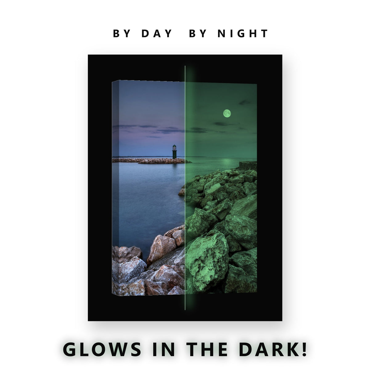 Lighthouse Jetty Full Moon Glow in the Dark Canvas Wall Art for Living Room, glowing at night