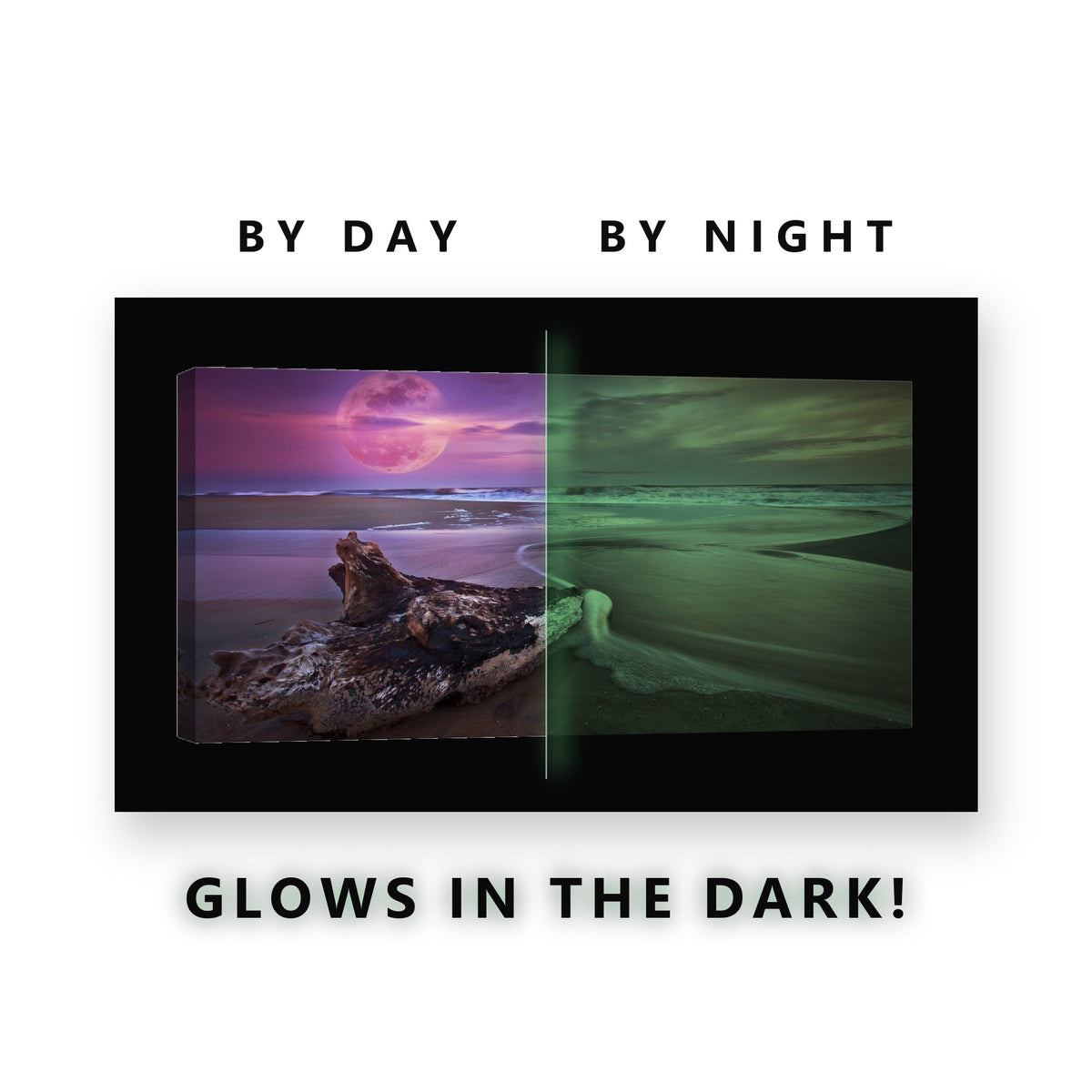 Pink Moon Driftwood Beach Glow in the Dark Canvas Wall Art for Bedroom, glowing at night