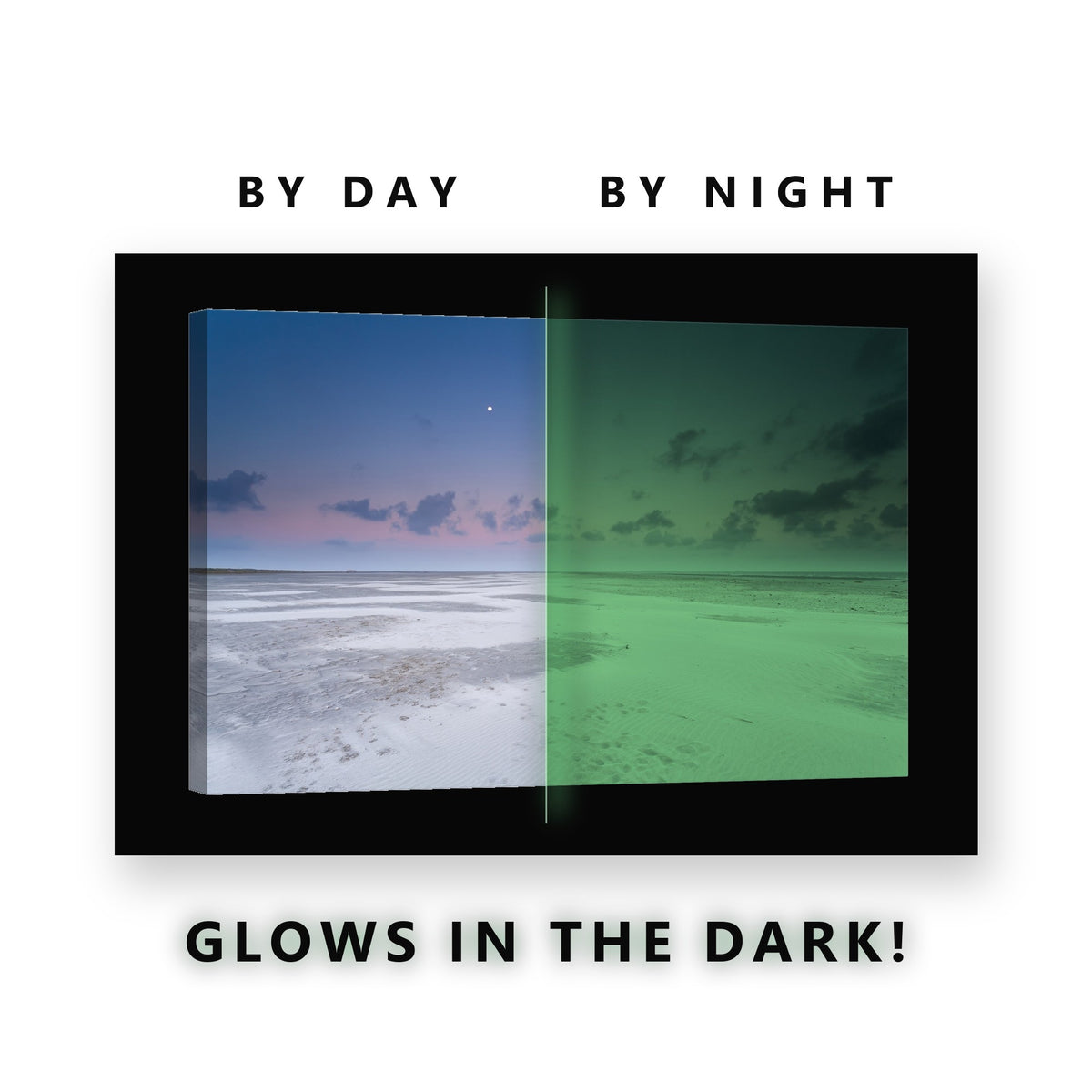 Empty Beach Dusk Star Glow in the Dark Canvas Wall Art for Bedroom, glowing at night