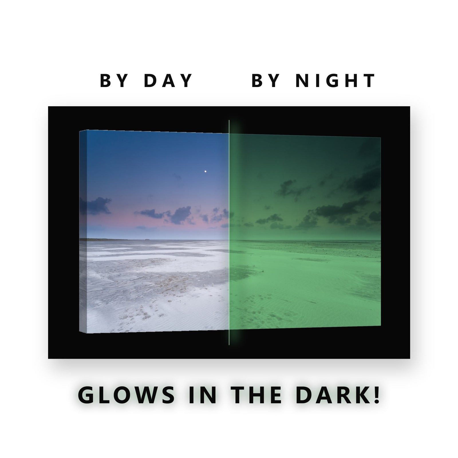 Empty Beach Dusk Star Glow in the Dark Canvas Wall Art for Bedroom, glowing at night
