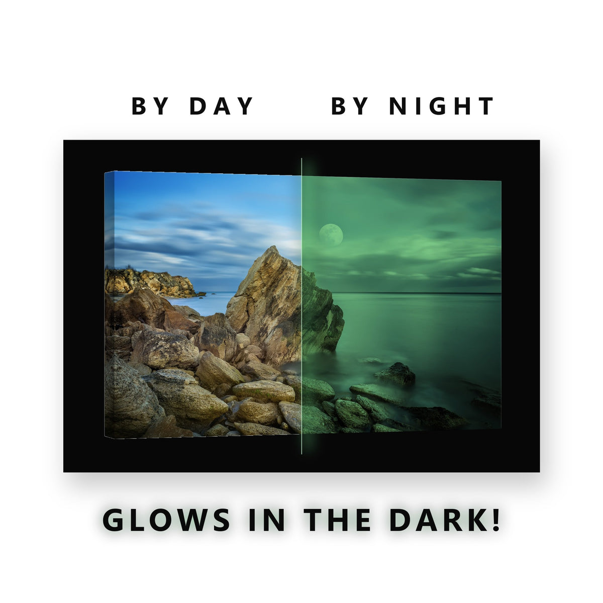 Full Moon Over Sea Rock Glow in the Dark Canvas Wall Art for Living Room, glowing at night