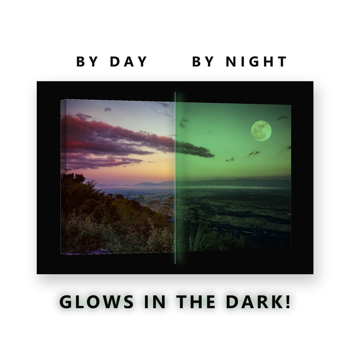 Full Moon Over Mountain Valley Glow in the Dark Canvas Wall Art for Living Room, glowing at night