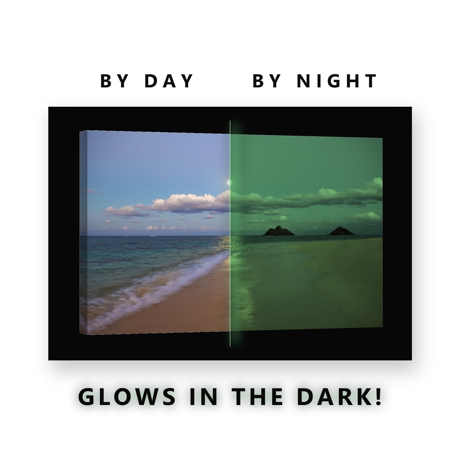 Full Moon Tropical Beach Islets Glow in the Dark Canvas Wall Art for Bedroom, glowing at night