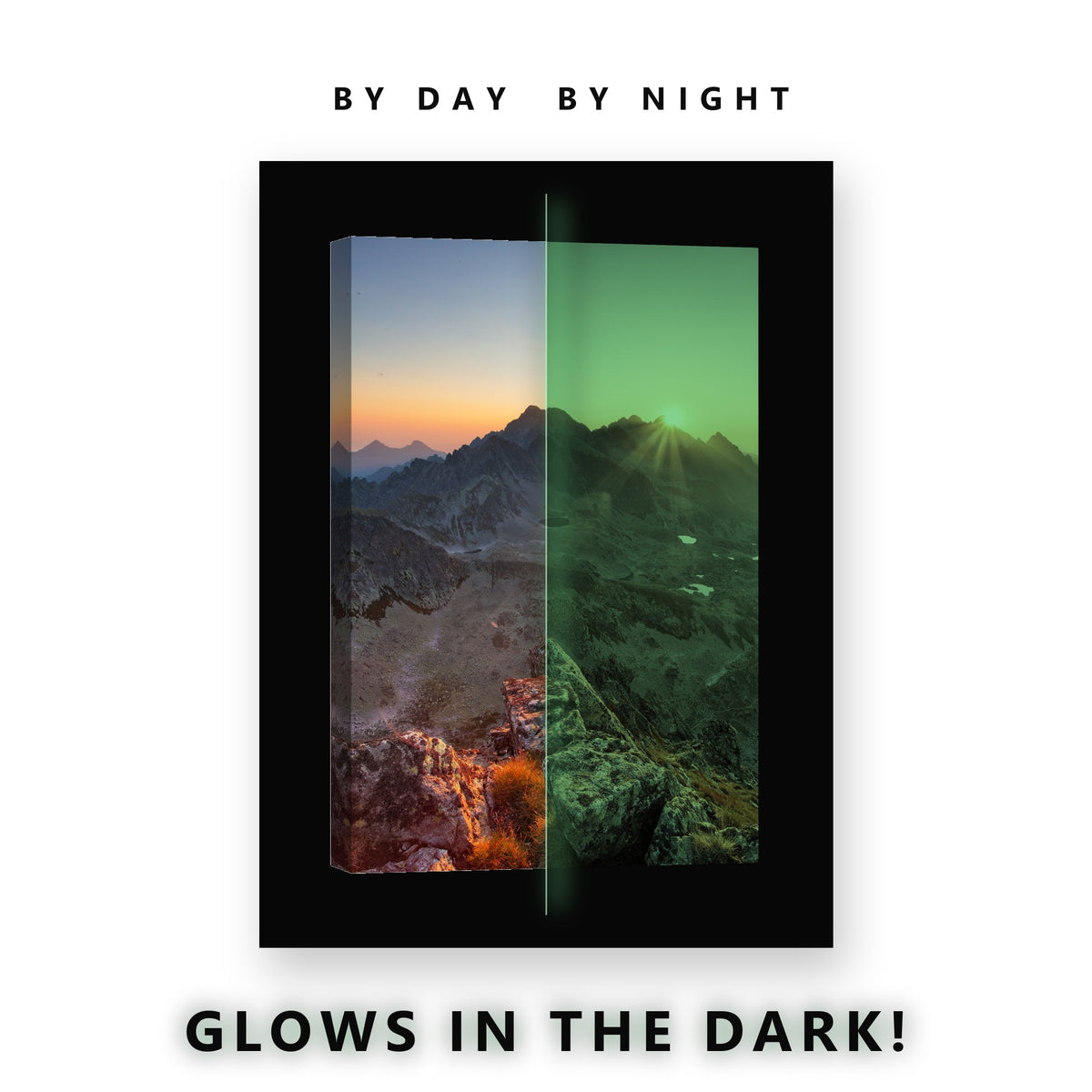 Sunrise Between Mountain Peaks Glow in the Dark Canvas Wall Art for Living Room, glowing at night