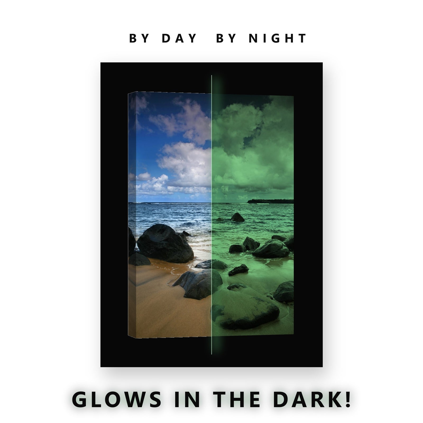 Volcanic Beach Rocks Sky Glow in the Dark Canvas Wall Art for Man Cave, glowing at night