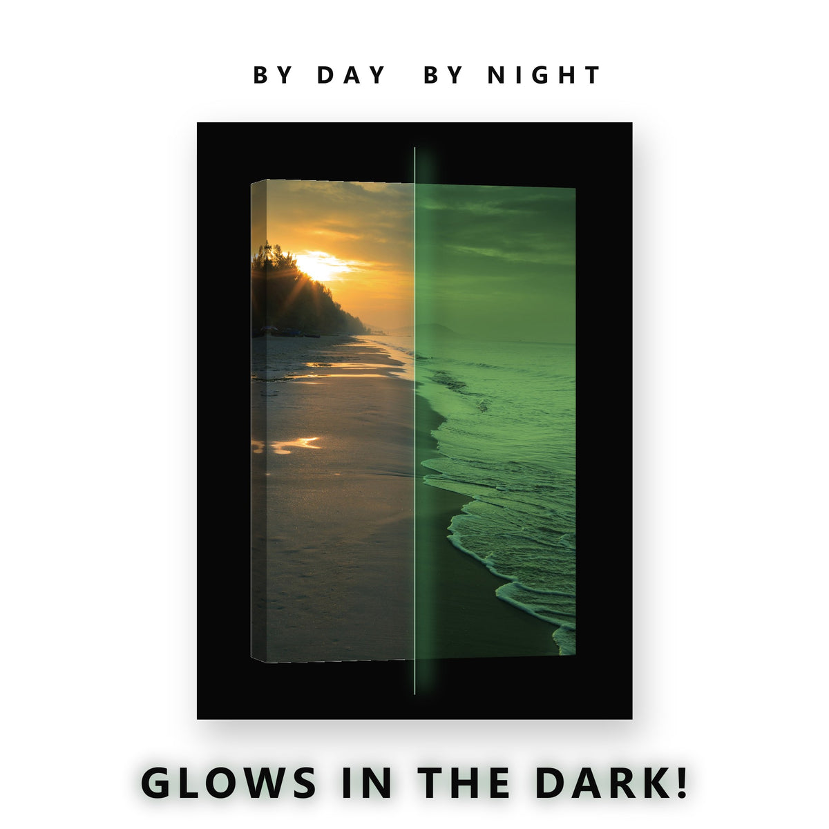 Golden Sunrise Tropical Beach Glow in the Dark Canvas Wall Art for Bedroom, glowing at night