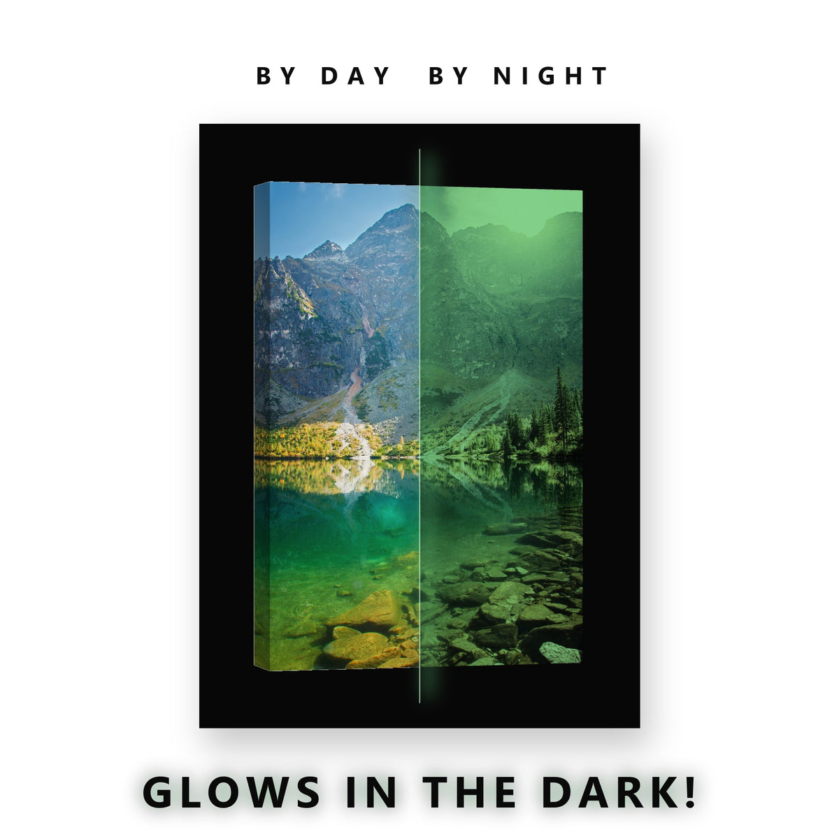 Autumn Mountain Lake Reflection Glow in the Dark Canvas Wall Art for Living Room, glowing at night